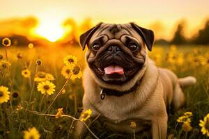 Portrait cute pug on the meadow with light exposure AI Generative photo