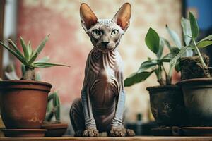 Portrait Sphinx cat with pot on the garden AI Generative photo