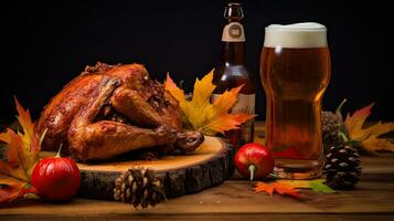 Delicious Grilled Turkey with a glass beer on the table AI Generative photo