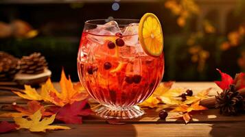 A Glass cocktail with autumn leaf on the table AI Generative photo