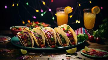 delicioso tacos con bebida en el mesa ai generativo foto