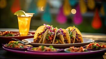 Delicious tacos with drink on the table AI Generative photo