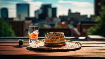 Fresco cóctel con sombrero en el mesa ai generativo foto