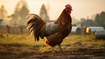 retrato pollo en el granja con ligero exposición ai generativo foto