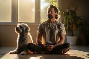 a man with dog sits down and makes eye contact with the camera while meditating in his home photo