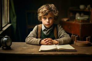 pequeño chico sentado solo en su escritorio con cuaderno foto