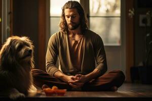 a man with dog sits down and makes eye contact with the camera while meditating in his home photo