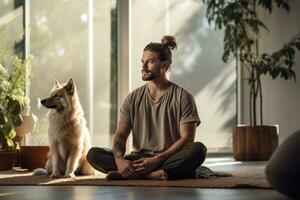 a man with dog sits down and makes eye contact with the camera while meditating in his home photo