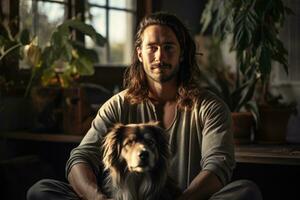 a man with dog sits down and makes eye contact with the camera while meditating in his home photo