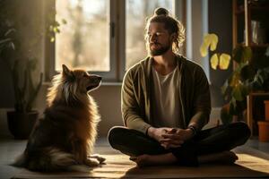 a man with dog sits down and makes eye contact with the camera while meditating in his home photo