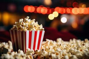 an empty popcorn box with popcorn popping out at a cinema photo