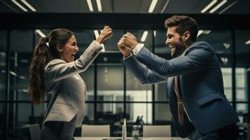 two members of a team are giving each other a high five photo