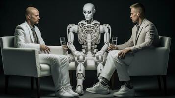 men and robot sitting in chairs photo