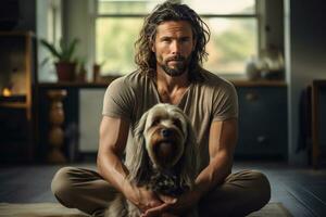 a man with dog sits down and makes eye contact with the camera while meditating in his home photo