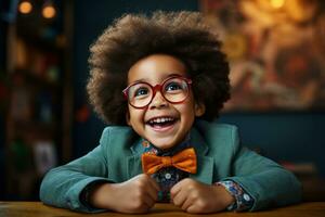 funny little boy in glasses in home photo