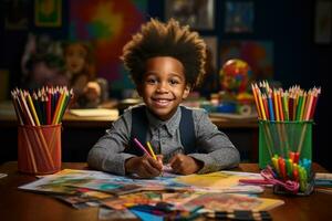 unny negro chico sentado a su escritorio a hogar con de colores lapices foto