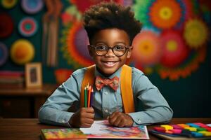 unny black boy sitting at his desk at home with colored pencils photo