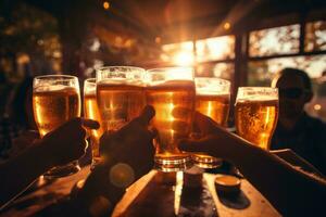 beer glasses of people toasting at the bar photo