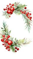 Festive watercolor Christmas wreath with red berries and a frame. photo