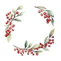 Festive watercolor Christmas wreath with red berries and a frame. photo