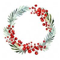 Festive watercolor Christmas wreath with red berries and a frame. photo