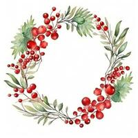 Festive watercolor Christmas wreath with red berries and a frame. photo