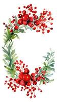 Festive watercolor Christmas wreath with red berries and a frame. photo
