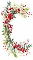 Festive watercolor Christmas wreath with red berries and a frame. photo