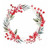 Festive watercolor Christmas wreath with red berries and a frame. photo