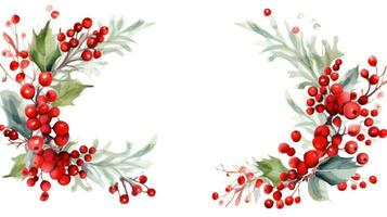 Festive watercolor Christmas wreath with red berries and a frame. photo