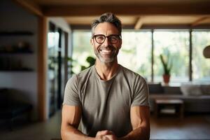 un hombre en lentes se sienta abajo y hace ojo contacto con el cámara mientras meditando en su hogar foto