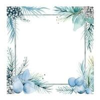 Winter foliage with watercolor splashes and a wooden frame photo