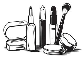 mujer productos cosméticos bosquejo, mano dibujado vector ilustración belleza