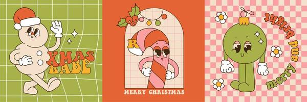 Merry Christmas groovy greeting cards set. Snowman, candy cane and xmas tree ball characters in trendy retro cartoon style. Square, posters, prints, party invitations template with cozy text. Vector photo