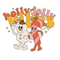 Christmas groovy sticker for tee print. Congratulatory text Holly Jolly vibes with snowman and candy cane characters and design elements on a festive theme. Contour vector illustration.