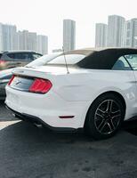 Minsk, Belarus, October 2023 - Rear View White Ford Mustang photo