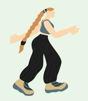 Gabber girl dancing hakkuh dance. Gabba style. Girl with shaved head and ponytail hairstyle in bright sweatpants and sneakers. Vector isolated illustration.