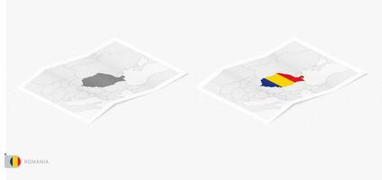 Set of two realistic map of Romania with shadow. The flag and map of Romania in isometric style. vector