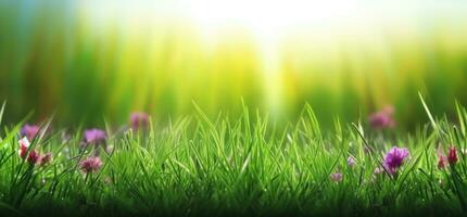 Lush green grass on meadow in morning light, spring summer outdoors close-up, copy space, wide format. A beautiful artistic depiction of the purity and freshness of nature. AI Generated photo