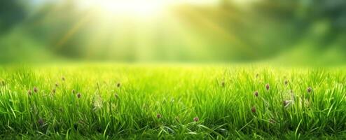 Lush green grass on meadow in morning light, spring summer outdoors close-up, copy space, wide format. A beautiful artistic depiction of the purity and freshness of nature. AI Generated photo