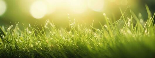 Dewy fresh grass in spring sun. Seasonal meadow background with light bokeh and short depth of field. AI Generated photo