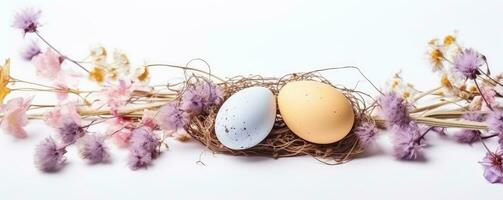 Colorful easter eggs in nest with flowers on bright marble white table. AI Generated photo