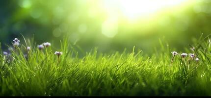 lozano verde césped en prado en Mañana luz, primavera verano al aire libre de cerca, Copiar espacio, amplio formato. un hermosa artístico representación de el pureza y frescura de naturaleza. ai generado foto