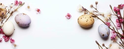 Colorful easter eggs in nest with flowers on bright marble white table. AI Generated photo