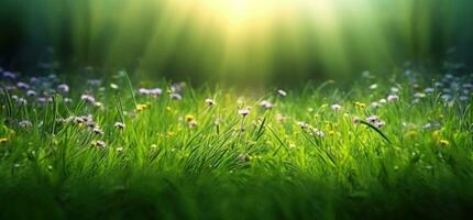 Lush green grass on meadow in morning light, spring summer outdoors close-up, copy space, wide format. A beautiful artistic depiction of the purity and freshness of nature. AI Generated photo