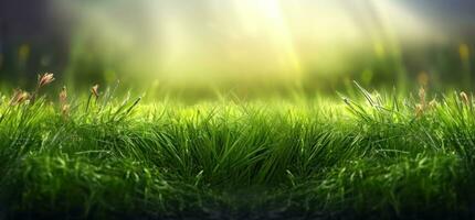 Lush green grass on meadow in morning light, spring summer outdoors close-up, copy space, wide format. A beautiful artistic depiction of the purity and freshness of nature. AI Generated photo