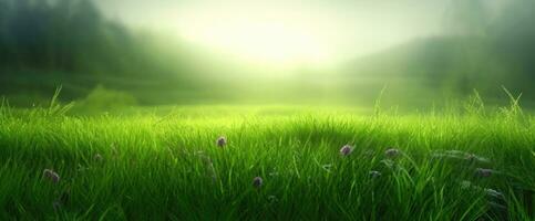 Lush green grass on meadow in morning light, spring summer outdoors close-up, copy space, wide format. A beautiful artistic depiction of the purity and freshness of nature. AI Generated photo