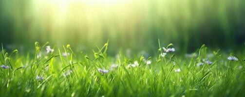 lozano verde césped en prado en Mañana luz, primavera verano al aire libre de cerca, Copiar espacio, amplio formato. un hermosa artístico representación de el pureza y frescura de naturaleza. ai generado foto