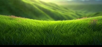 Lush green grass on meadow in morning light, spring summer outdoors close-up, copy space, wide format. A beautiful artistic depiction of the purity and freshness of nature. AI Generated photo