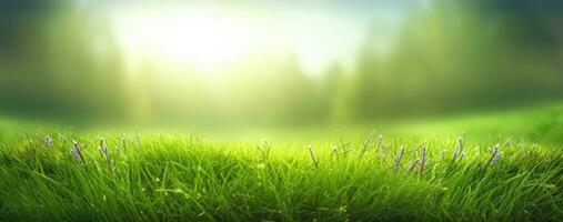 Lush green grass on meadow in morning light, spring summer outdoors close-up, copy space, wide format. A beautiful artistic depiction of the purity and freshness of nature. AI Generated photo